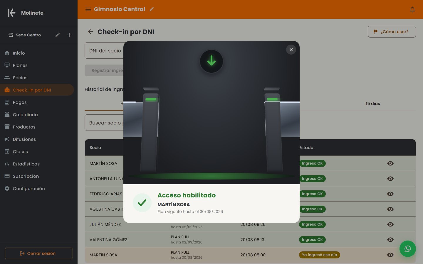 Panel de Molinete: check-in por DNI mostrando el acceso habilitado de un socio